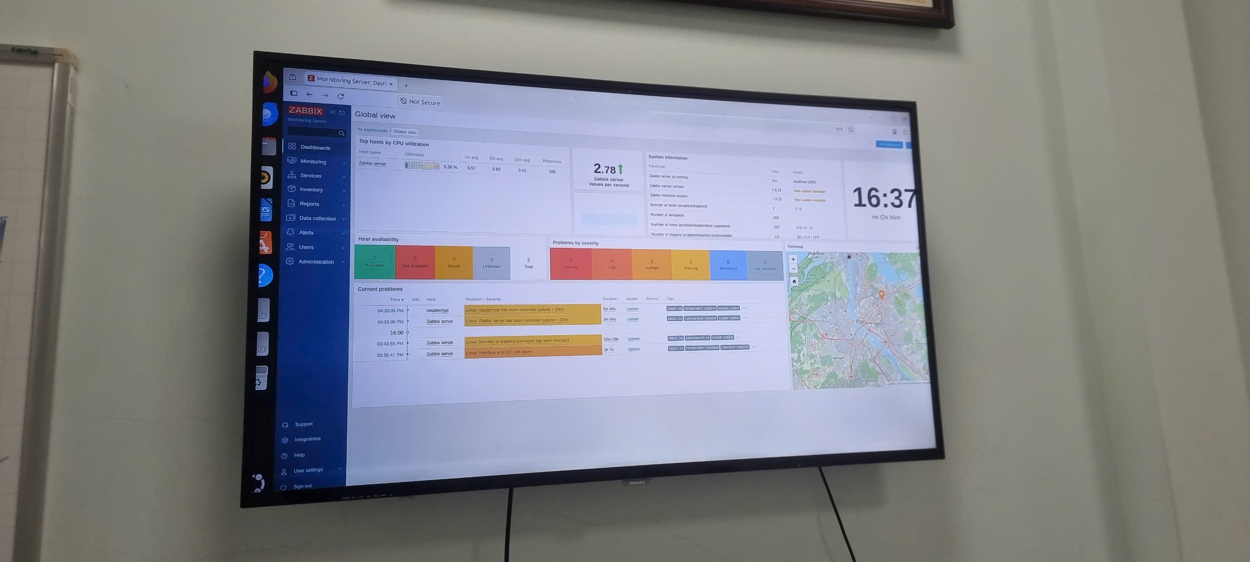 Dashboard Zabbix hiển thị trạng thái máy chủ và cảnh báo vận hành tại OpenLAB.